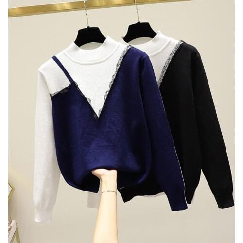 Black Lace Stitch False Two Piece Plus Large Size Oversize Korean Style Fashion Pullovers For WomenS Ladies Sweaters 2021