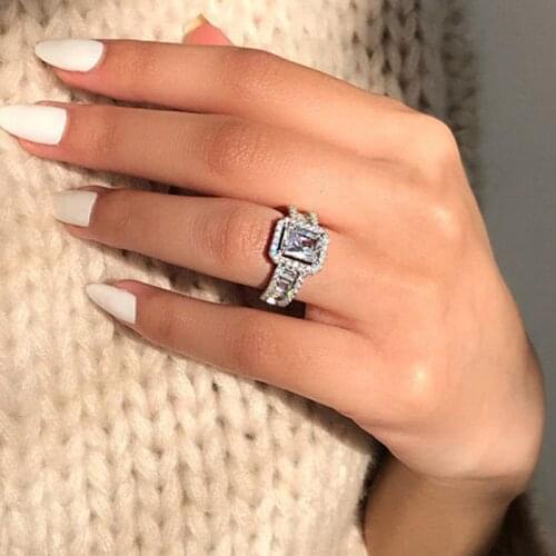 MOONROCY Silver Color CZ Wedding Rings Engagement Couple Ring Geometry for Women Dropshipping Party Gift Jewelry Wholesale