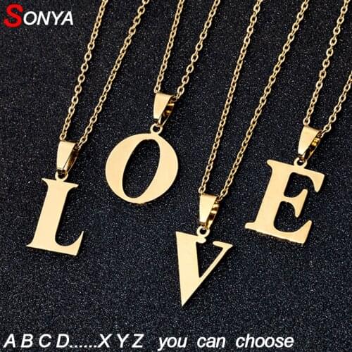 SONYA Stainless Steel A to Z Small Letter Necklaces For Women/Men Initial Letter Necklace gold color English Letter Jewelry Gift