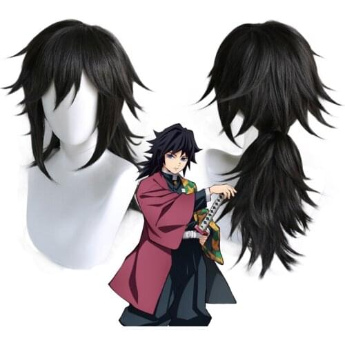 Tomioka Giyuu Demon Slayer Kimetsu No Yaiba Cosplay Wig Halloween Black Synthetic Hair+ Free Wig Cap