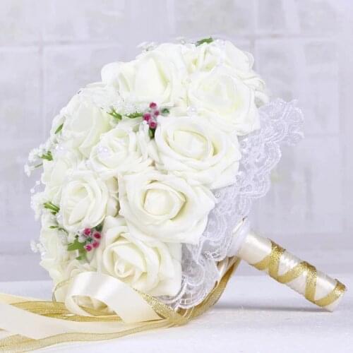 Wedding Bouquet Bride Bridesmaid Special White Ribbon Rhinestone Simulation Rose Shape Bouquet Women Love