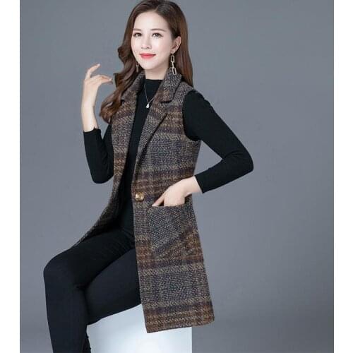 2021 Spring Autumn Women Casual Turndown Collar Woolen Vests Lattice Jackets Sleeveless Vest Coat Jackets Plus Size 5XL Y220