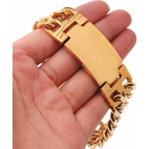 High Quality Stainless Steel Gold Tone ID Tag 2 Rows Cuban Curb Link Chain Mens Boys Bracelet Bangle 8.26"*23mm Wholesale Gift