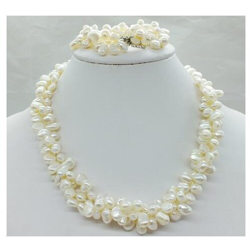 Selling Jewelry>>>Classic White 3 Strand Baroque Freshwater Pearl Necklace and Bracelet 19 inch
