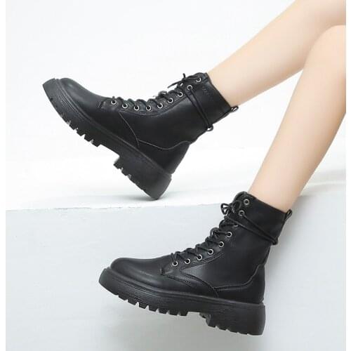 2021 Combat Boots Women White Leather Motorcycle Boots Mid Heeled Gothic Shoes Fashion Black Ankle Boots