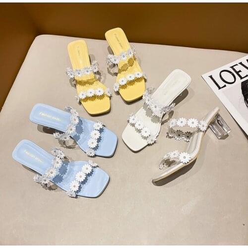 Square High Heels Clear Transparent Mules Ladies Shoes Slides Women New Summer Slipper Women Shoes Woman Fashion Shoes Flower