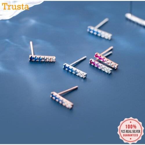 Trusta Genuine Fashion 925 Sterling Silver Sweet Cute Dazzling Pink Blue CZ Stick Stud Earrings For Women Girl Teens Lady DA555