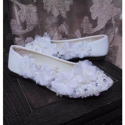 Sweet white silver laces shoes woman flat heel round toes slip on comfortable brides bridal bridesmaid flats wedding shoes