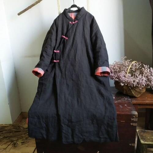 Women Winter Linen Padded Long Coat Outerwear Patchwork Parkas Ladies Vintage Loose Topcoat Female 2020 Warm Outerwear Parkas