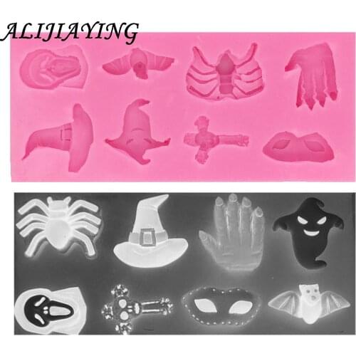 1Pcs Halloween 3D spider Witch hat Bat cross Skull cross silicone fandont mold Silica gel moulds Chocolate candy mould D0677