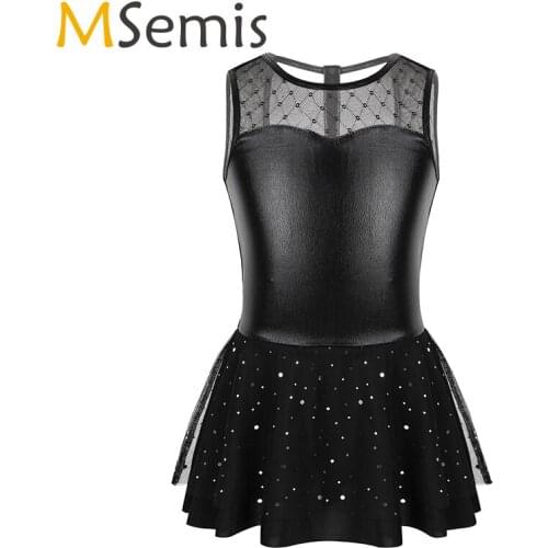 Girls Ballet Dress gymnastics leotard Sleeveless Shiny Metallic Mesh Splice Glitters Ballet Dance Leotard Tutu Dance Dress Kids