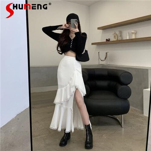White Irregular High Waist Mid-Length Split Asymmetric Midi Skirts 2021 Fall Womens Black Slim Fishtail Tops Mid Skirt Suits