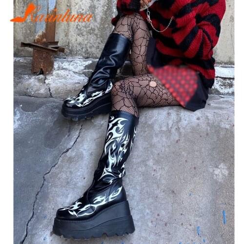 Big Size 35-43 Brand New womens Wedges High Heels Boots Gothic Punk Zip High Platform Print Boots Woman Party Shoes Woman