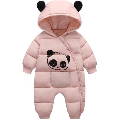 Cute Panda Baby Winter Hooded Rompers Thick Cotton Warm Outfit Newborn Jumpsuit Overalls Snowsuit Children Boys Clothing