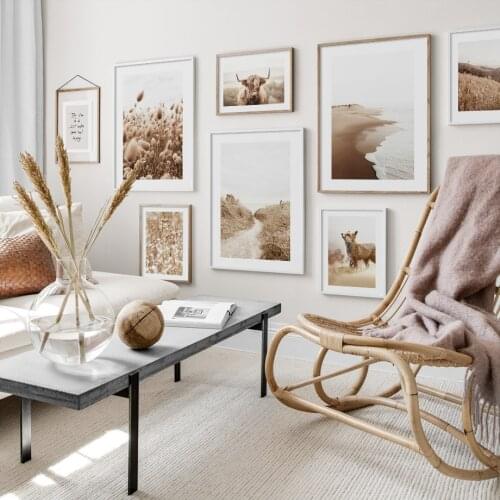 Highland Cattle Fox Beach Grass Calm Waves Wall Art Print Paper Canvas Painting Nordic Posters Decor Pictures For Living Room