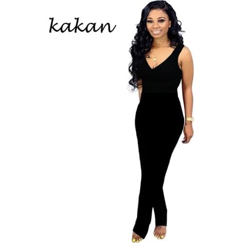 Kakan new womens slim jumpsuit sexy deep V-neck waist bow jumpsuit black wine red pencil pants
