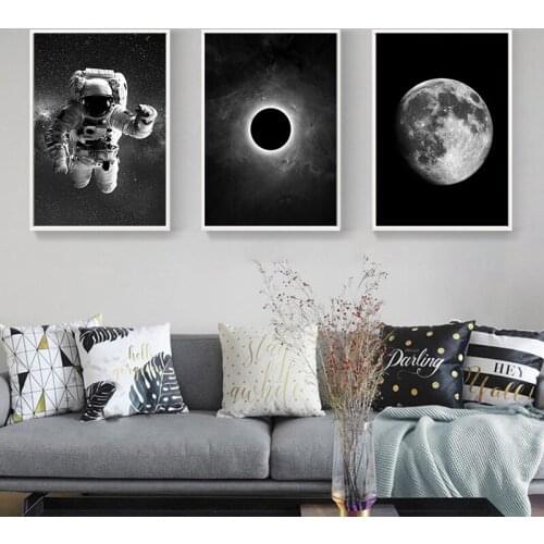 Black and White Astronauts and Moon Canvas Painting Home Art Hanging Painting Wall Pictures for Living Room Space Style Kids