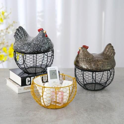 Egg Fruit Ceramic Storage Basket With Lid Large Capacity Mesh Metal Holder Kitchen Supplies Hen Ornament Organizer Container NEW