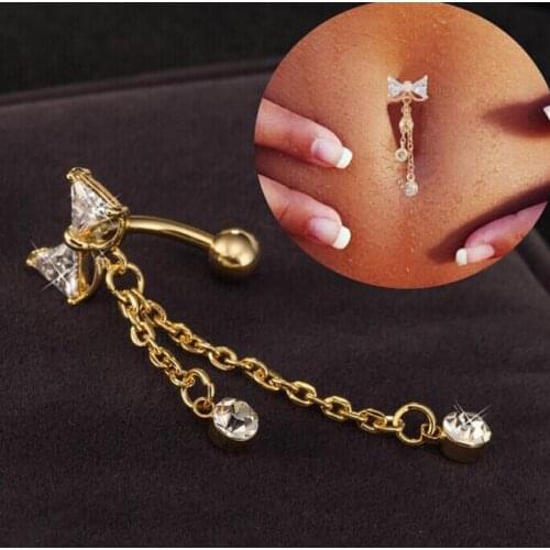 Free Shipping Navel Zircon Bowknot belly ring Bowknot Belly Button Rings Dangle Barbell Navel Ring Body Piercing