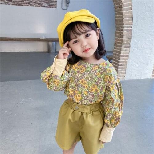 DFXD Girls Clothing Sets 2020 Autumn New Fashion Long Sleeve Floral Shirt Top+High Waist PU Shorts Two Piece Set Outfits 1-7Year
