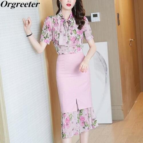 Summer Womens Clothing Elegant Ensemble Femme Ruffled Loose Chiffon Shirt High waist Stitching Print Skirt Two piece set Female