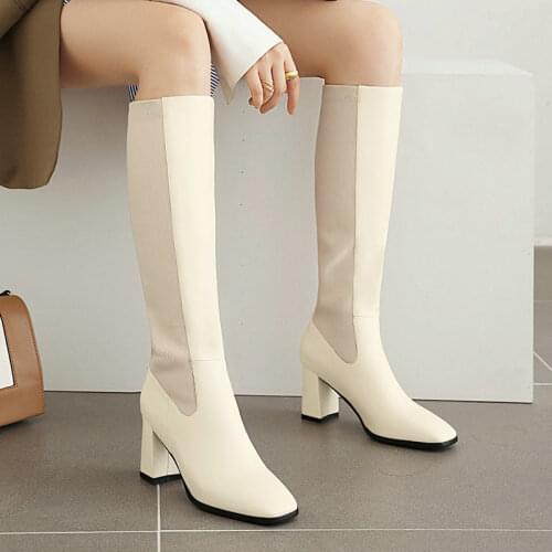 New Fashion Chelsea Boots Ladies Square Head Zipper Knee Boots Female Thick Heel Stitching Elastic Womens Shoes