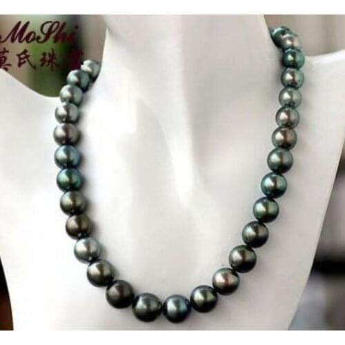 Stunning AAA11-12mm tahitian round black green pearl necklace 18inch 14k clasp