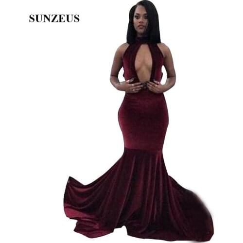 Sexy Open Back Prom Dress Mermaid High Neck Burgundy Velour Party Gowns For Black Girls vestido formatura longo de noite