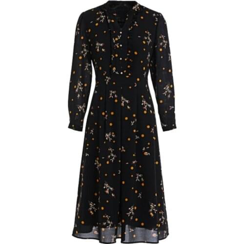 Gowani Floral Vintage Retro Notched Neck Long Sleeve Knee Length Dress Elegant Office Lady Casual Date Dinner Party Dress
