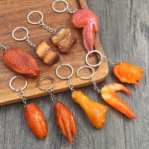 Funny Simulation Food Keychain Fashion Creative Soft Rubber Trotter/shrimp/roast chicken KeyRing Pendant Gifts Fit Bookbag /Key