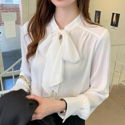Shirt Women New Fashion Elegant Chiffon Blouses Long Sleeve Bow Lace Shirt Office Blouse Slim Casual Female Solid Stripe Top