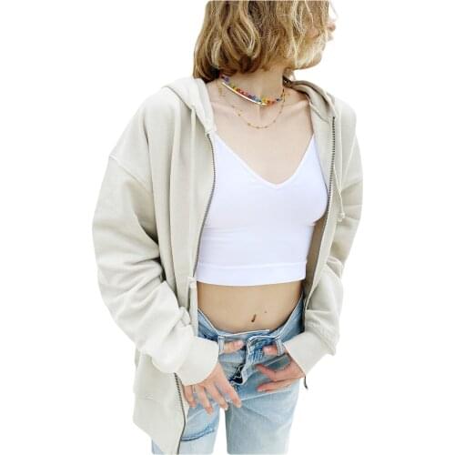 Women Loose Style Coat with Pockets 90s Solid Color Zipper Open Front Hooded Jacket Spring Autumn Sweatshirts Hoodies