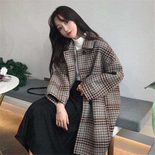 New Womens Autumn Winter 2020 Long Thicken Loose Wool Coat Student Korean Tide Lattice Outerwear Single-breasted Woolen Jacket
