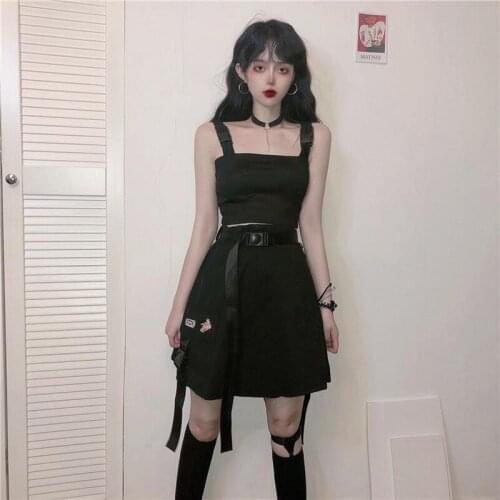 Lim fit short buckle vest women & high waist ribbon A-line skirt Solid Black Summer Korean Harajuku style women party su
