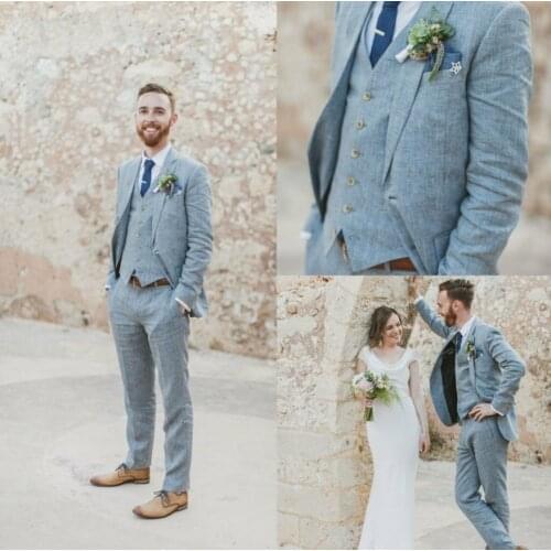 2020 Handsome Mens Linen+Cotton Wedding Suits Groomsman 3 pieces Two Button Blue Tuxedos Formal Groom Suits