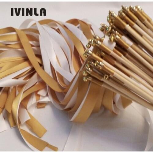 50pcs/lot Gold and white wedding ribbon wands with gold bells for wedding decoration