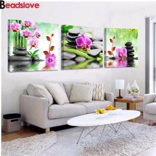 5D Diy Square Diamond Painting orchid cross-stitch Kits Mosaic Painting Bamboo Black Spa Zen Stone 3 pcs Pictures Embroidery art