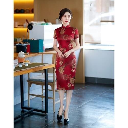 BALDAUREN Sexy Long Slim Vintage Qipao Summer Lady Red Printing Short Sleeve Cheongsam Party Prom Grace Dress Gown Large Size