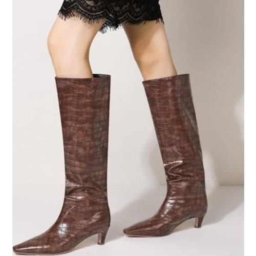 Black Boots Solid Stone Print Women Shoes High Heel Boots Knee High Slip on Plus Size 10.5 2021 New