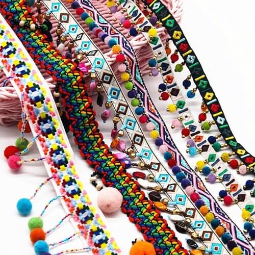Beads Tassel Lace Trim Bohemian Style Ribbon Pompom Trim Sewing On Clothes Shoes Bag Gift Crafts Accessories Fringe Braid Ribbon