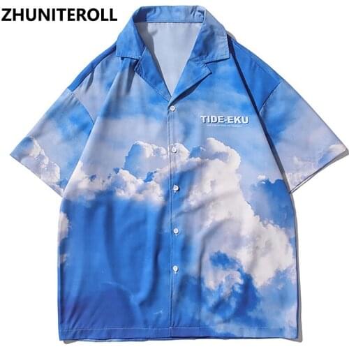 2021 Cloud Print Hawaiian Beach Shirts Hip Hop Short Sleeve Button Up Streetwear White Korean Shirt Mens Fashion Clothing Trends