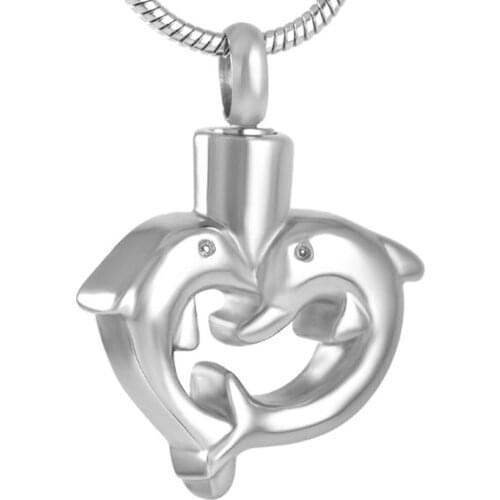 IJD8491 Twins Dophin Memorial Ash Urn Necklace Stainless Steel Cremation Ashes Keepsake Urn Pendnat Necklace Pet Ash Urn Jewelry