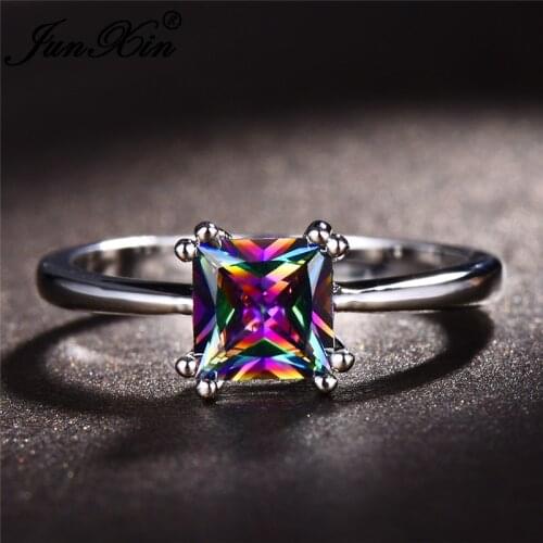 JUNXIN Multicolor Stone Rainbow Fire Birthstone Rings For Women Silver Color Purple Blue Zircon Thin Wedding Ring