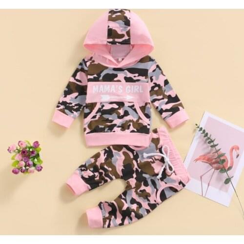 Kids Girl Camouflage Pants Set, Long Sleeve Hooded Tops Lace Up High Waist Long Pants, Kids Clothing Spring Autumn