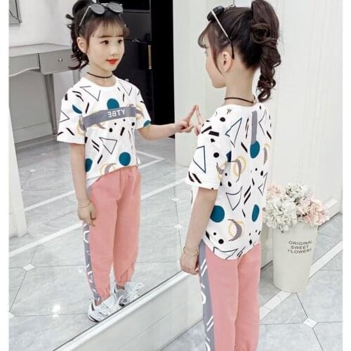 Girls Suits 2021 New Hot Foreign Fashion Big Children Clothing Summer Short-sleeve and Pants Two-piece Suit