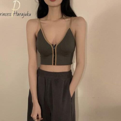Hot summer Padded Zipper Tank Tops Sexy Spaghetti Strap Fitness Streetwear TShirt Fashion Women Knitting Camis y2k green Clothes