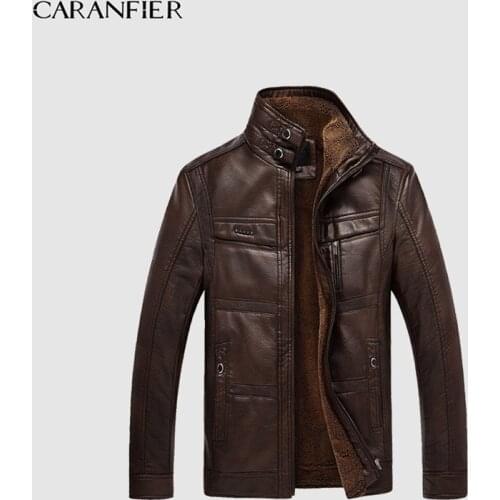 CARANFIER Mens Leather Jackets Winter Warm Coat Thick Outerwear Male Biker Motorcycle Zipper Top Quality Men Coats US Size