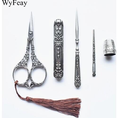 Retro Scissors Set Vintage Scissors Needle Storage Tube Awl Threader Thimble Embroidery Thread Tailor Scissors Sewing Tools DIY