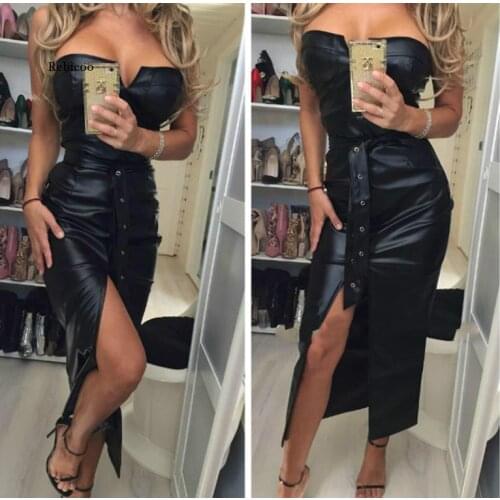 Solid Tube Slit Coated PU Dress Women Dress Women Fashion Sashes Winter Long Dress Sleeveless Single-Breasted Casual Dress