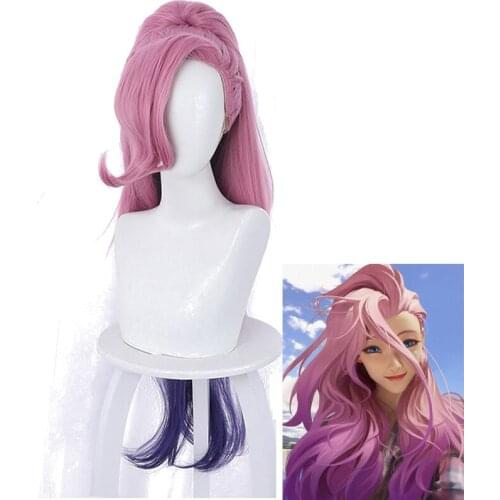 LOL Seraphine Cosplay Wig Heat Resistant Synthetic Hair Pink Purple Wavy Ponytail Long Role Play Girls Women Halloween Carnival